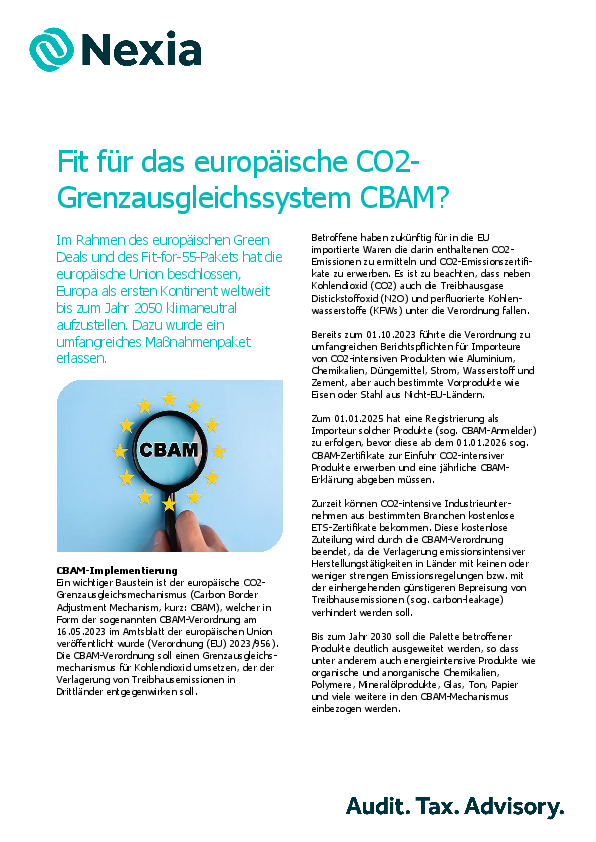 PDF zur Mandanteninfo zum Thema: Fit für das europäische CO2-Grenzausgleichssystem CBAM?