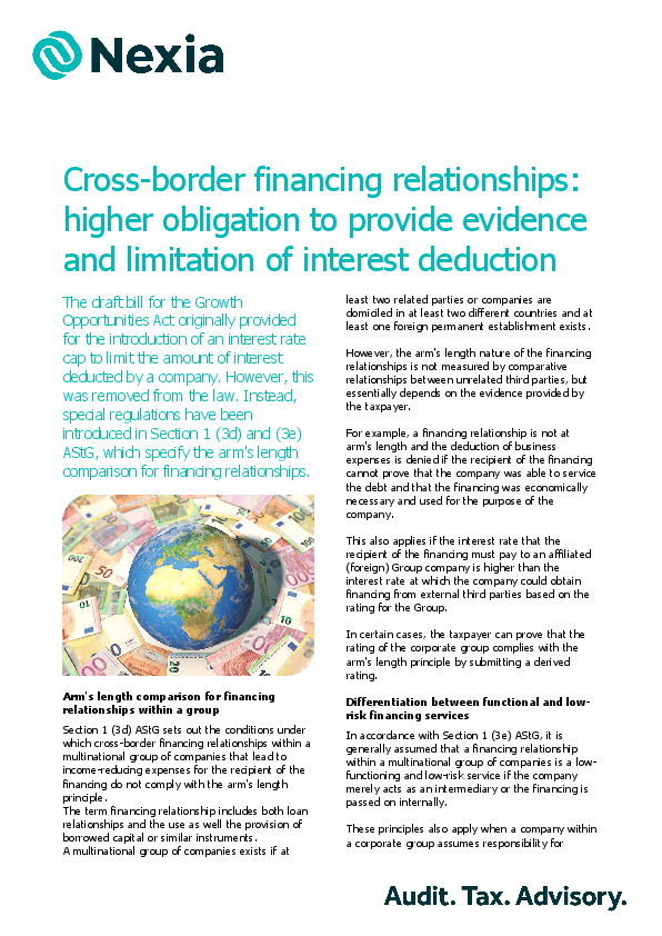 PDF for client information on the topic: Cross-border financing relationships: higher obligation to provide evidence and limitation of interest deduction