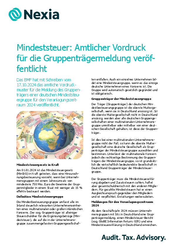 PDF zur Mandanteninfo zum Thema: Mindeststeuer: Amtlicher Vordruck für die Gruppenträgermeldung veröffentlicht