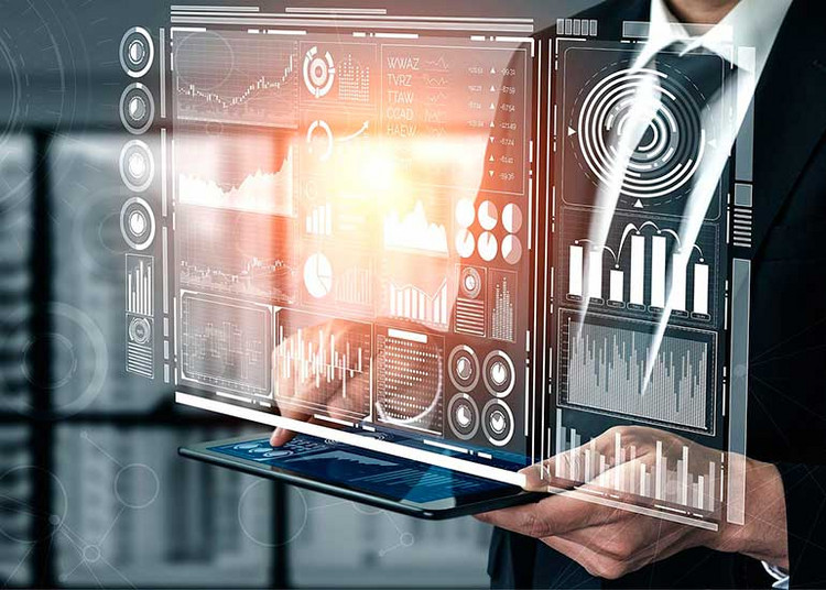 Die Bildcollage zeigt eine Person mit einem Tablet. Darüber wird eine Grafik mit zahlreichen Statistiken und Daten in verschiedenen Diagrammversionen angezeigt.