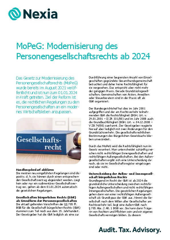 PDF zur Mandanteninfo zum Thema: MoPeG: Modernisierung des  Personengesellschaftsrechts ab 2024