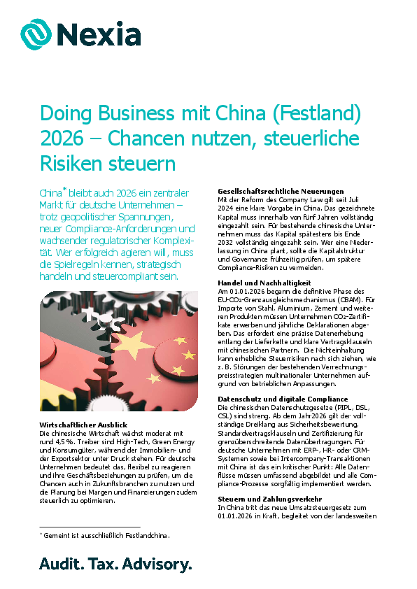 PDF zur Mandanteninfo: Doing Business mit China (Festland) 2026 – Chancen nutzen, steuerliche Risiken steuern 