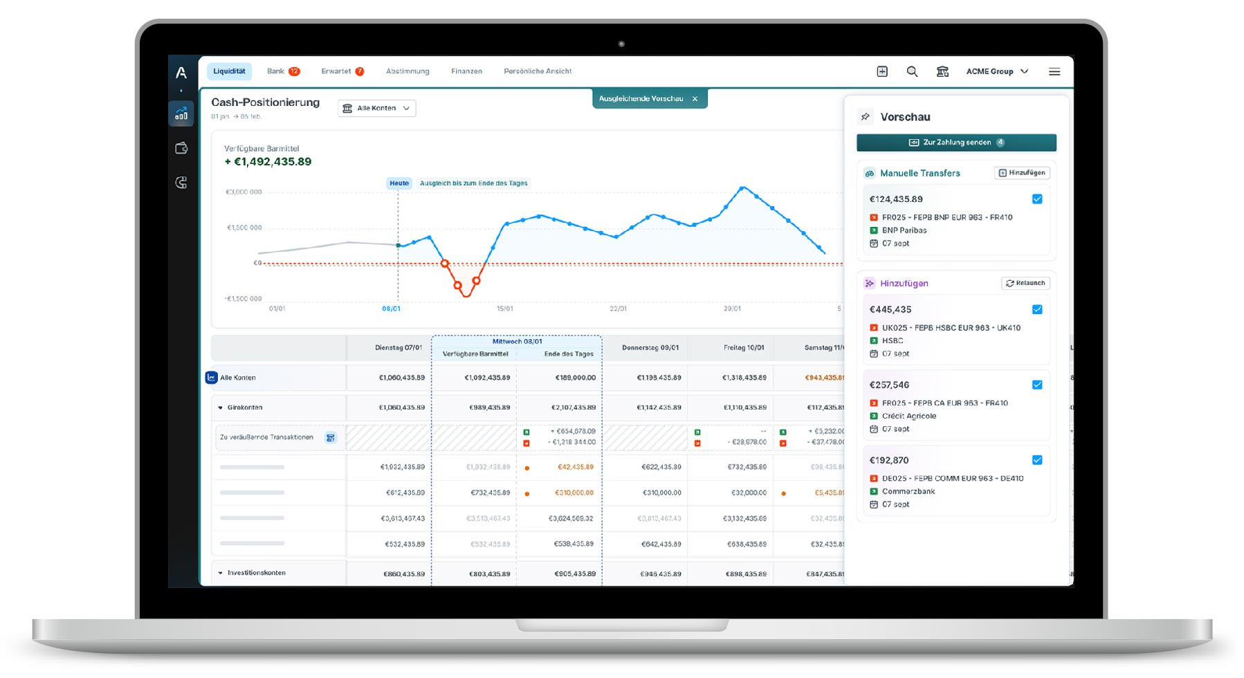 Cash Positioning Laptop mit Agicap Software auf dem Bildschirm: Der Bereich Cash Positioning wird gezeigt.
