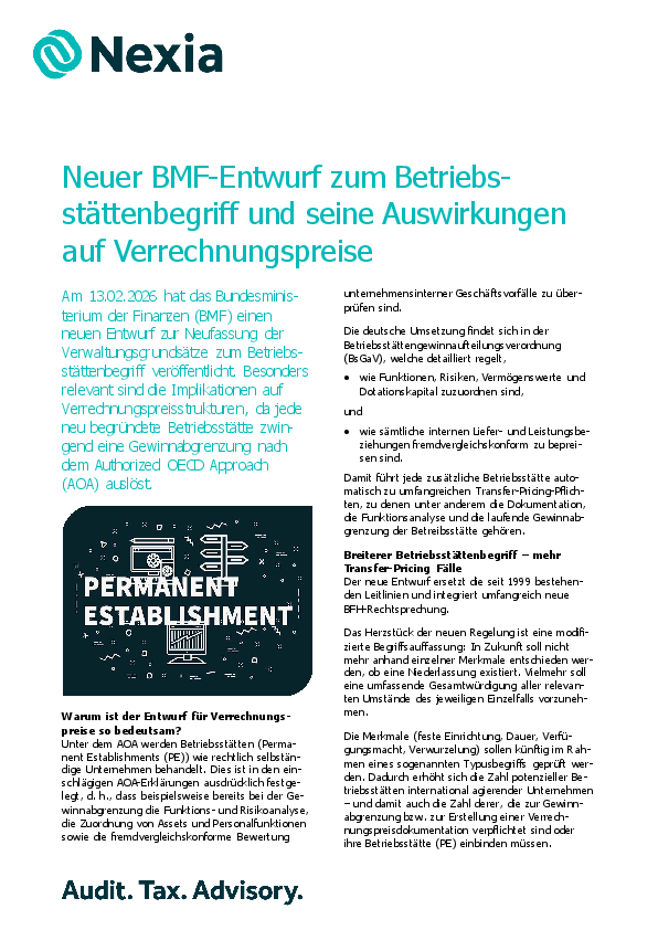 Neuer BMF-Entwurf zum Betriebsstättenbegriff und seine Auswirkungen auf Verrechnungspreise