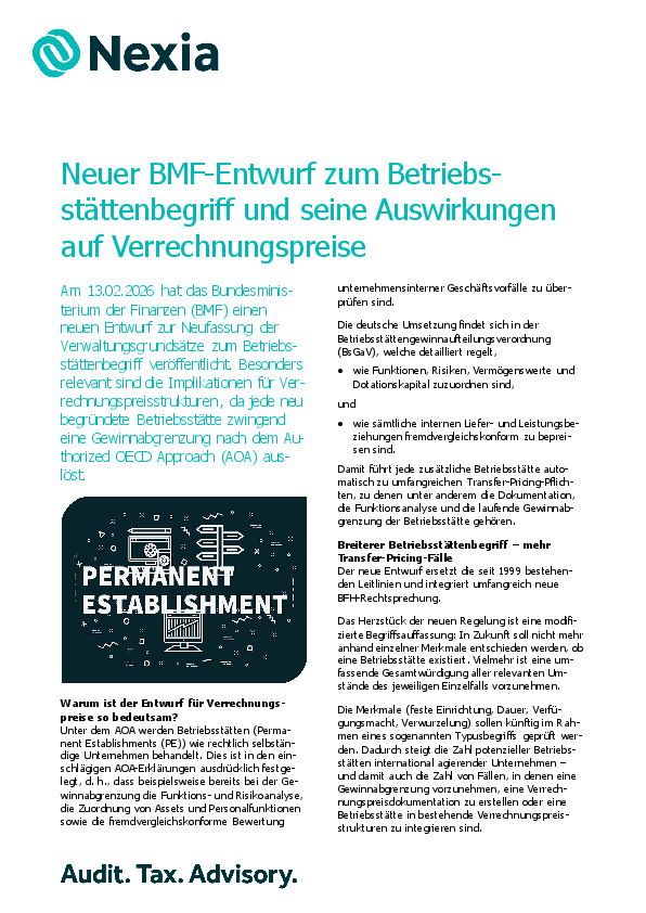Neuer BMF-Entwurf zum Betriebsstättenbegriff und seine Auswirkungen auf Verrechnungspreise