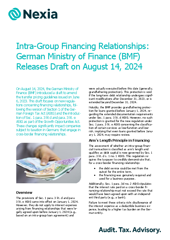 PDF for client information on the topic: Intra-Group Financing Relationships: German Ministry of Finance (BMF) Releases Draft on August 14, 2024