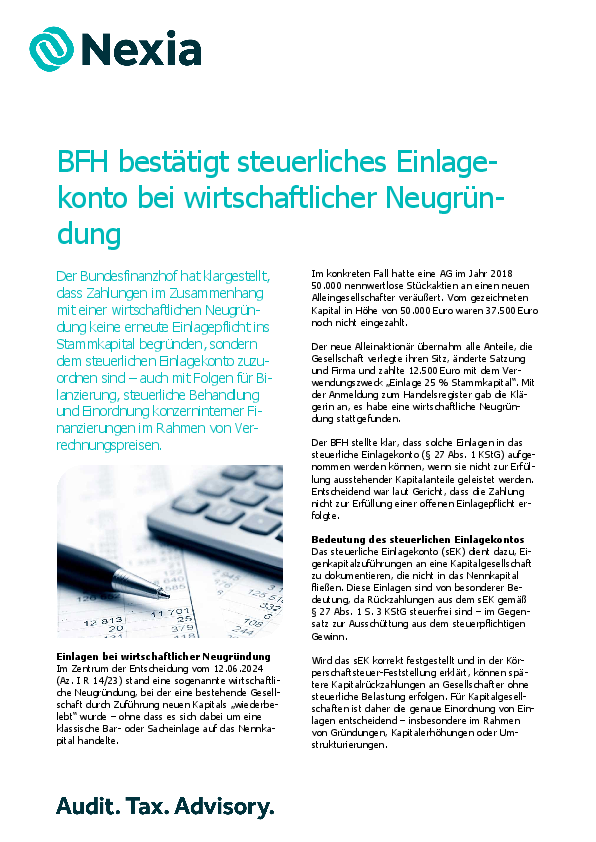 PDF zur Mandanteninfo: BFH bestätigt steuerliches Einlagekonto bei wirtschaftlicher Neugründung 