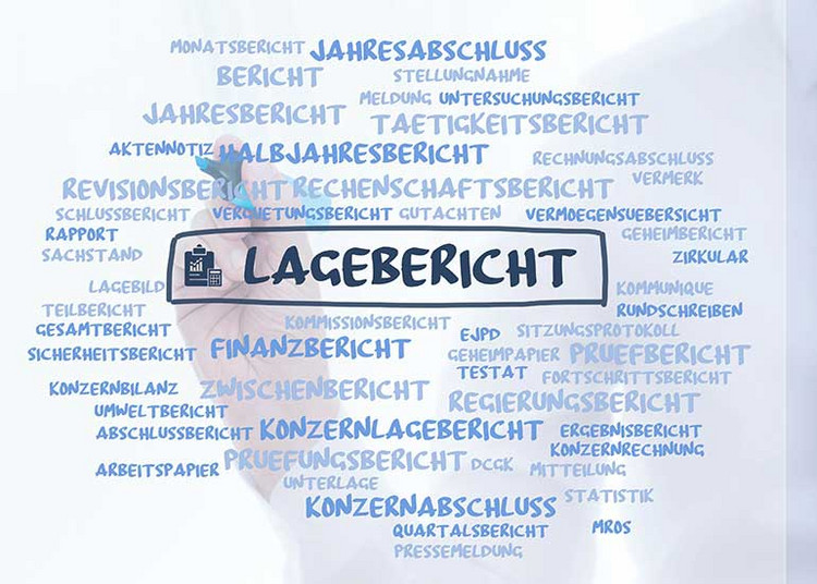 Auf einem virtuellen Board steht der Begriff "Lagebericht". Daneben stehen noch weitere Begriffe dieser Kategorie wie z.B. Jahresbericht, Rechenschaftsbericht, Rapport, Sicherheitsbericht, Statistik und Vermögensübersicht.