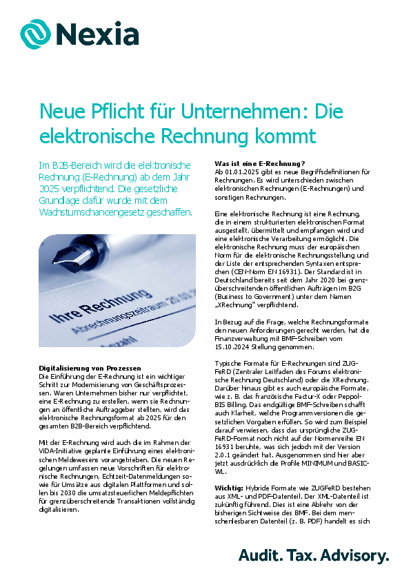 PDF zur Mandanteninfo zum Thema: Neue Pflicht für Unternehmen: Die elektronische Rechnung kommt