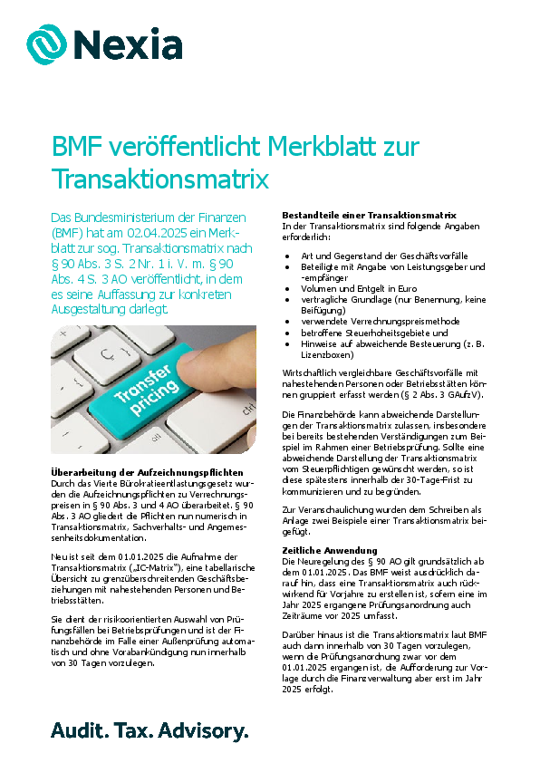 PDF zur Mandanteninfo zum Thema: BMF veröffentlicht Merkblatt zur Transaktionsmatrix