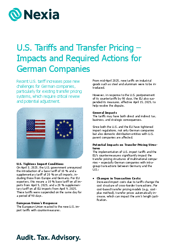 U.S. Tariffs and Transfer Pricing – Impacts and Required Actions for German Companies PDF for client information on the topic: U.S. Tariffs and Transfer Pricing – Impacts and Required Actions for German Companies