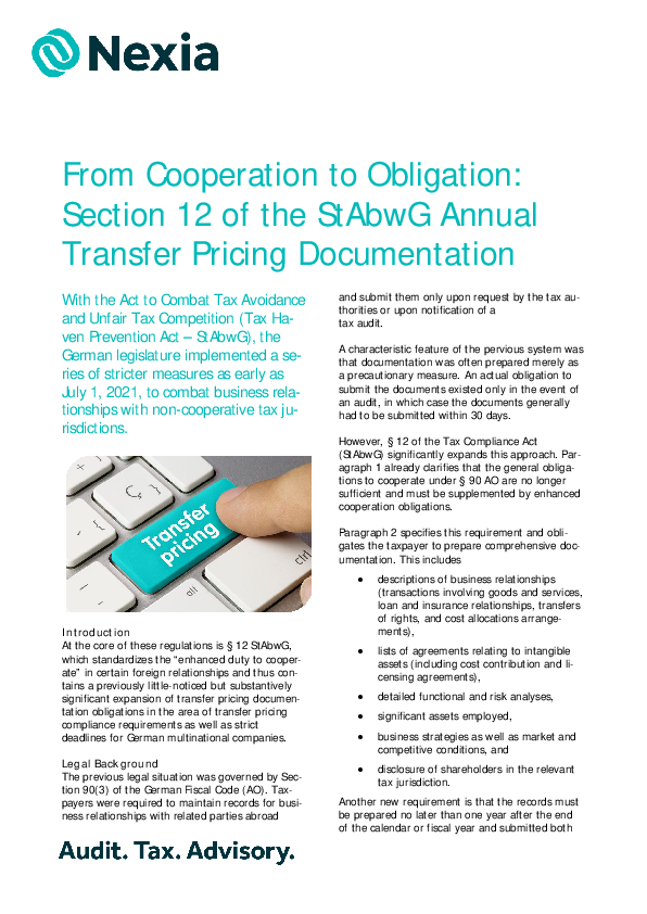 PDF: From Cooperation to Obligation: Section 12 of the StAbwG Annual Transfer Pricing Documentation