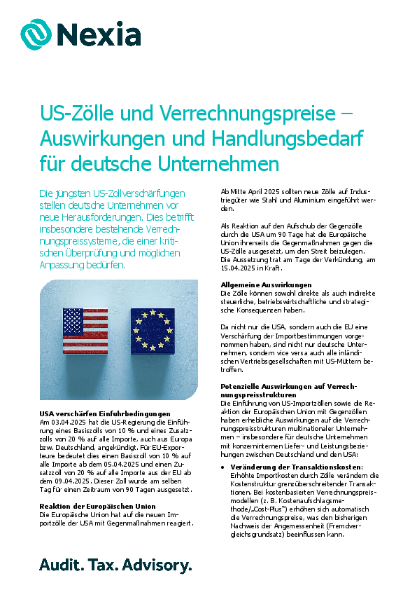 PDF zur Mandanteninfo zum Thema: US-Zölle und Verrechnungspreise – Auswirkungen und Handlungsbedarf für deutsche Unternehmen
