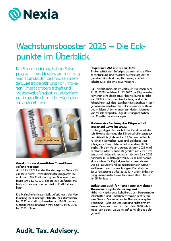 PDF zur Mandanteninfo zum Thema: Wachstumsbooster 2025 – Die Eckpunkte im Überblick
