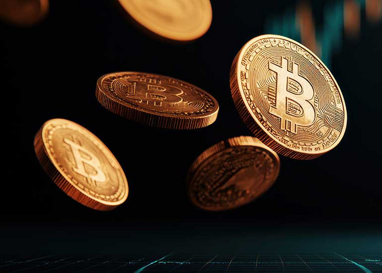 Eine digitale Darstellung von schwebenden Bitcoin-Münzen.