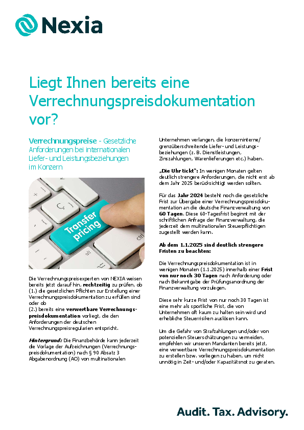 PDF zur Mandanteninfo zum Thema: Liegt Ihnen bereits eine Verrechnungspreisdokumentation vor?