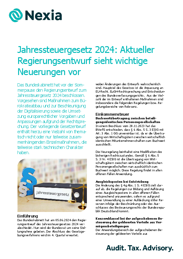 PDF zur Mandanteninfo zum Thema: Jahressteuergesetz 2024: Aktueller Regierungsentwurf sieht wichtige Neuerungen vor