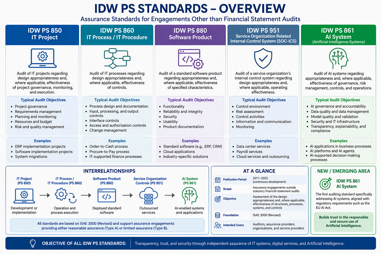IDW PS standards Infographic providing an overview of the IDW PS standards for assurance engagements outside the scope of statutory audits. The standards shown are IDW PS 850 for IT projects, IDW PS 860 for IT procedures and processes, IDW PS 880 for software products, IDW PS 951 for service-related internal control systems and IDW PS 861 for AI systems. The infographic explains typical audit objectives, examples of application and the relationships between the individual standards. It highlights the new audit standard IDW PS 861 for the audit of AI systems with regard to governance, risk management, security, transparency and compliance.