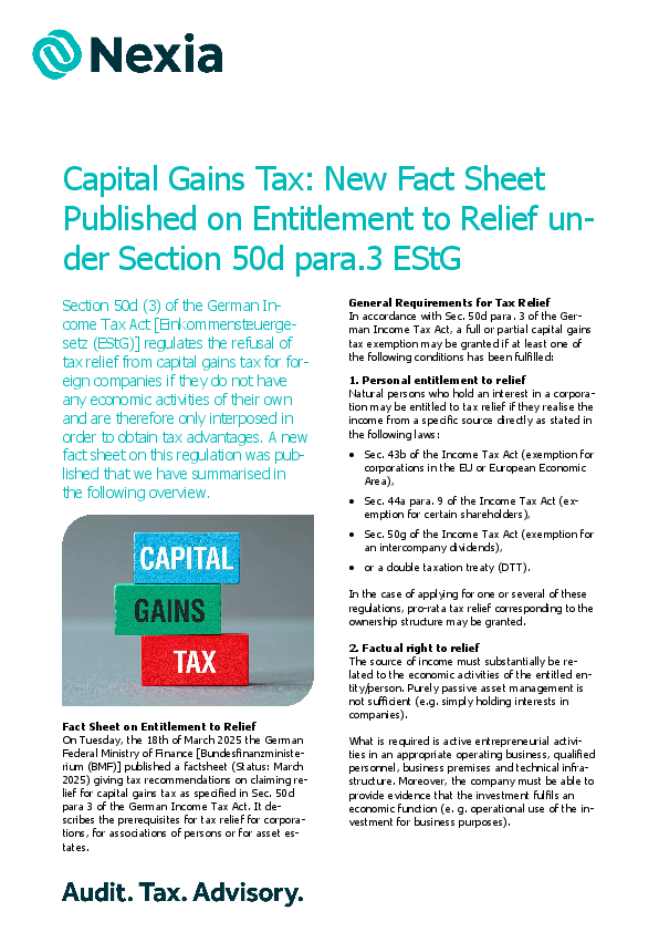 PDF for client information on the topic: Capital Gains Tax: New Fact Sheet Published on Entitlement to Relief under § 50d (3) EStG