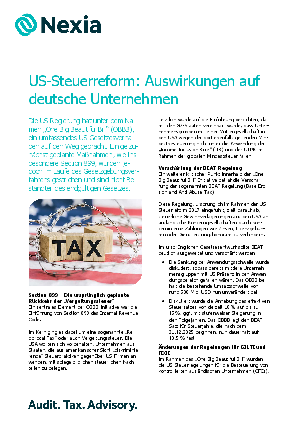PDF zur Mandanteninfo: US-Steuerreform: Auswirkungen auf deutsche Unternehmen 