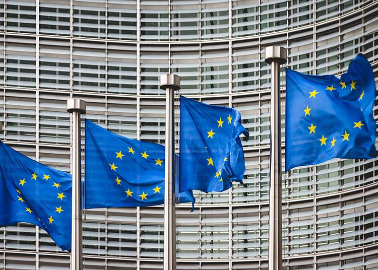 Europaflaggen vor einem Gebäude.