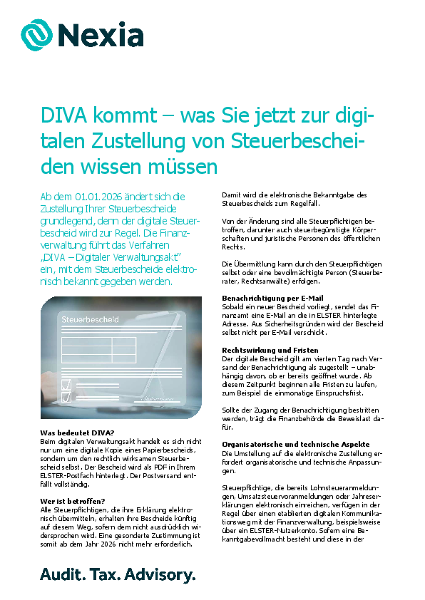 PDF zur Mandanteninfo: DIVA kommt – was Sie jetzt zur digitalen Zustellung von Steuerbescheiden wissen müssen