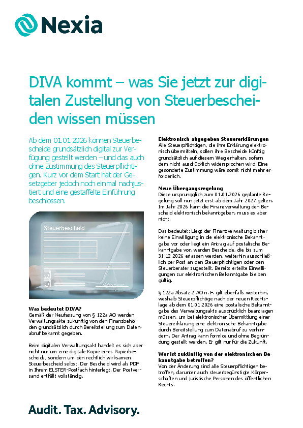 PDF zur Mandanteninfo: DIVA kommt – was Sie jetzt zur digitalen Zustellung von Steuerbescheiden wissen müssen