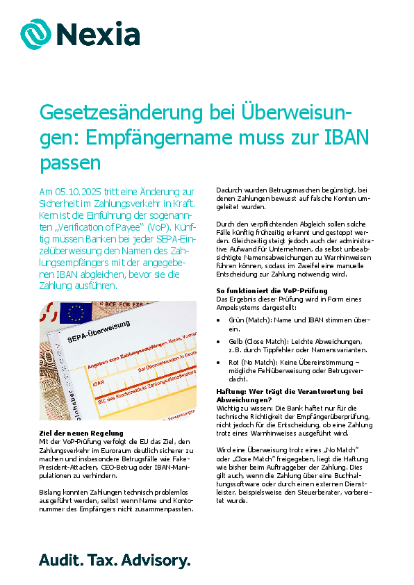 PDF zur Mandanteninfo: Gesetzesänderung bei Überweisungen: Empfängername muss zur IBAN passen 