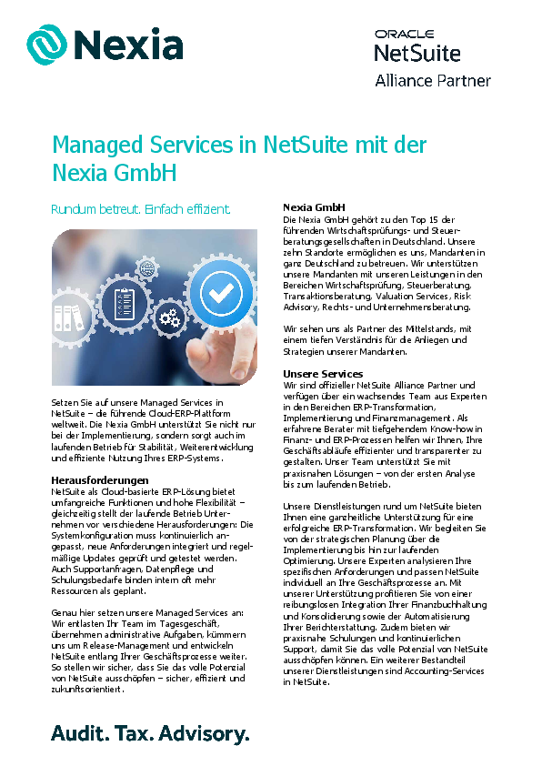 Managed Services in NetSuite mit der Nexia GmbH PDF zum Thema: Managed Services in NetSuite mit der Nexia GmbH
