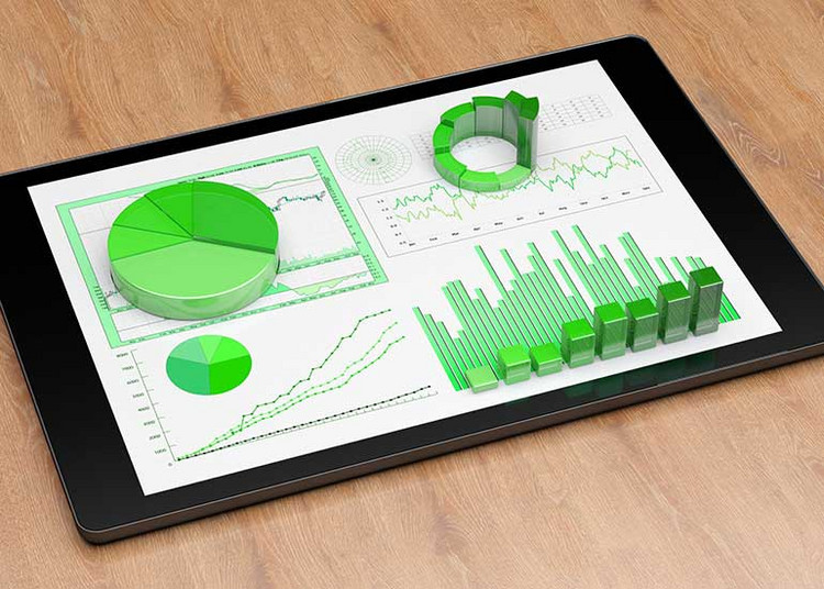 Eine Bildcollage zeigt ein Tablet, aus dem Grafiken herauswachsen.