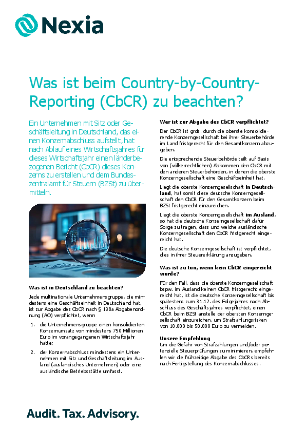 PDF zur Mandanteninfo zum Thema: Was ist beim Country-by-Country-Reporting (CbCR) zu beachten?
