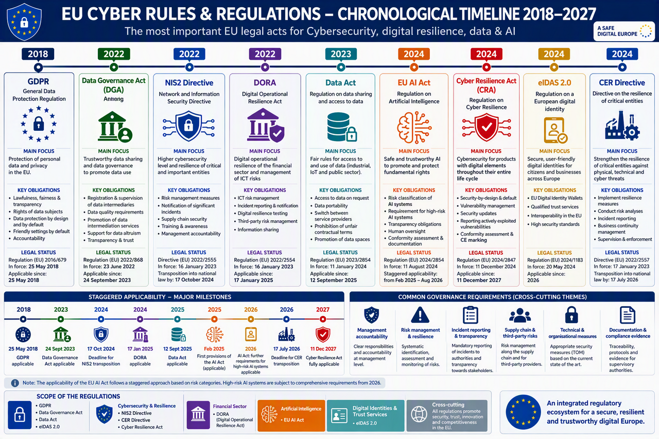 EU Cyber Rules & Regulations 2018–2027 Infographic showing the chronological development of key EU legislation on cybersecurity, digital resilience, data and artificial intelligence from 2018 to 2027. It covers the GDPR, the Data Governance Act, the NIS2 Directive, DORA, the Data Act, the EU AI Act, the Cyber Resilience Act, eIDAS 2.0 and the CER Directive. The infographic highlights key areas, essential obligations, legal status and the phased applicability of the regulatory frameworks. It also emphasises common requirements such as risk management, reporting obligations, supply chain management, technical protective measures and documentation.