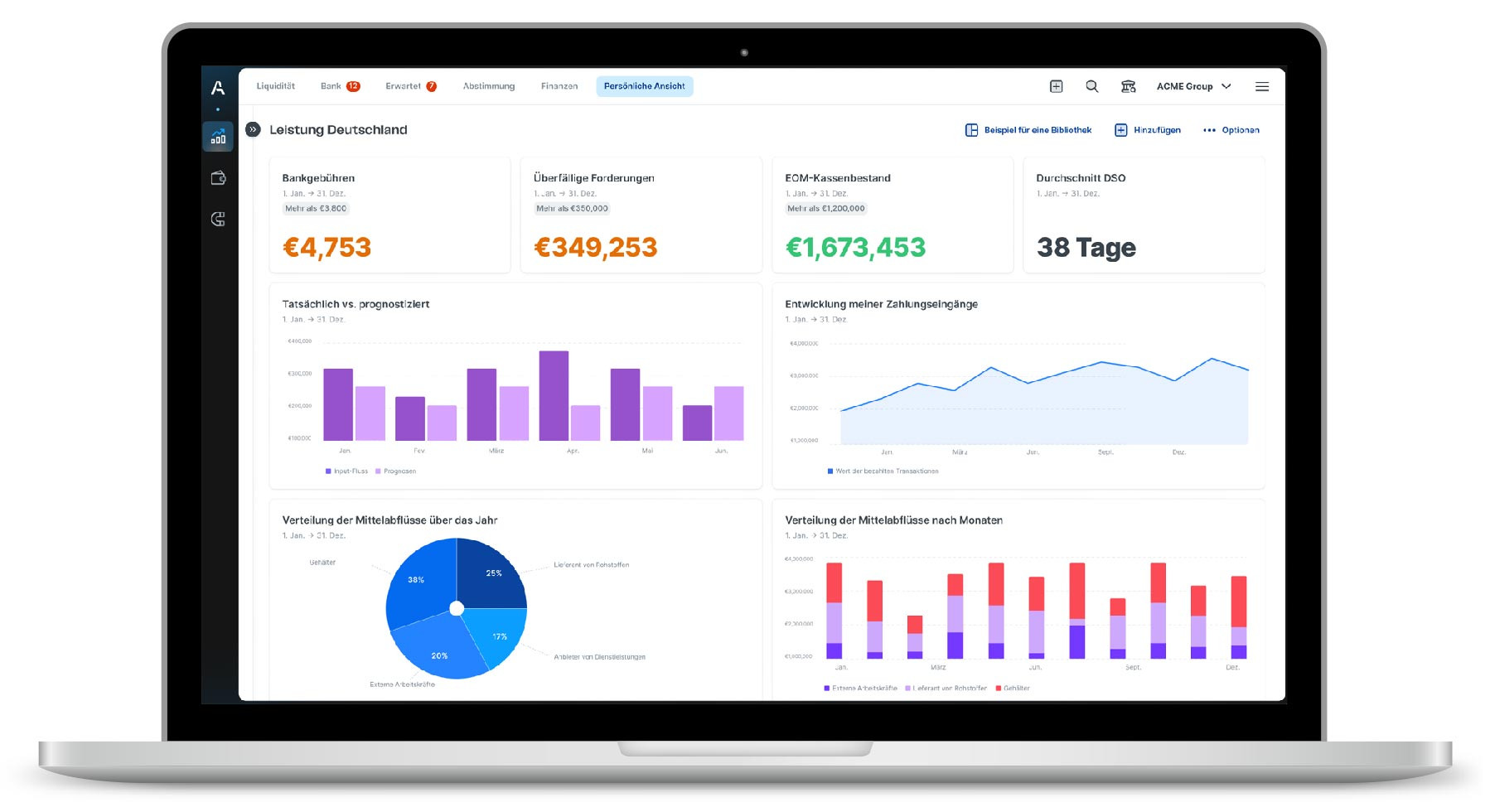 Custom Dashboards Laptop mit Agicap Software auf dem Bildschirm: Der Bereich Custom Dashboards wird gezeigt.