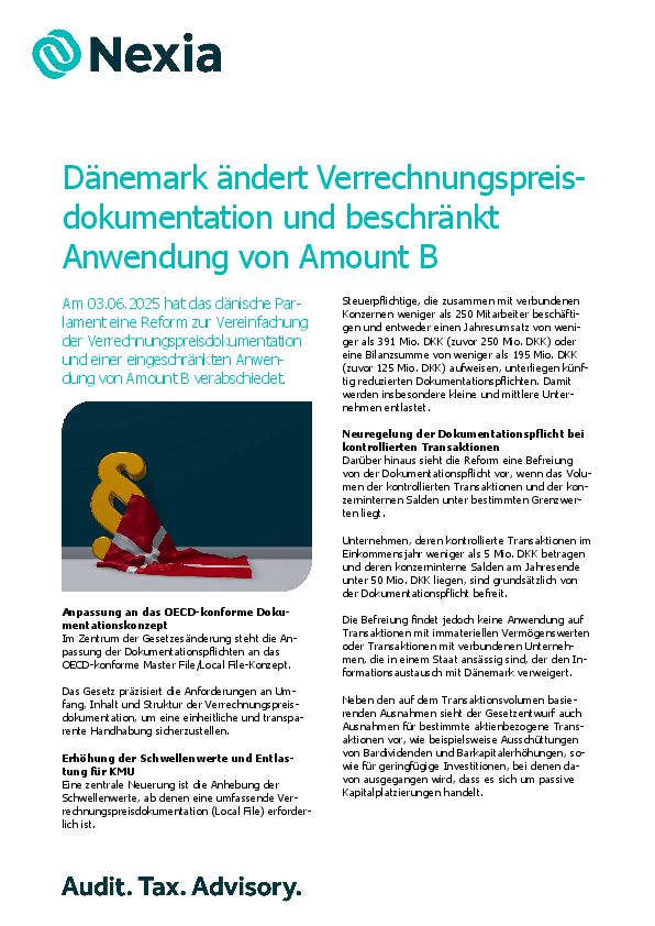PDF zur Mandanteninfo: Dänemark ändert Verrechnungspreisdokumentation und beschränkt Anwendung von Amount B