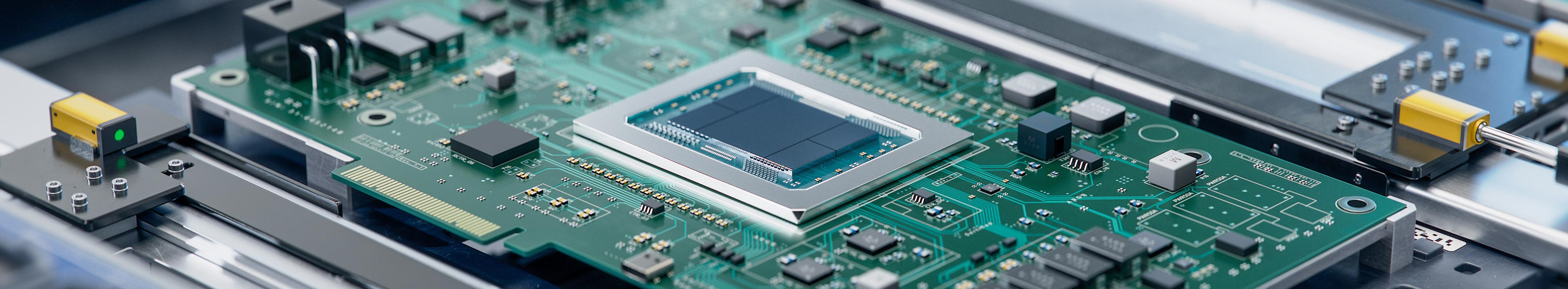 View of a chip on a circuit board.