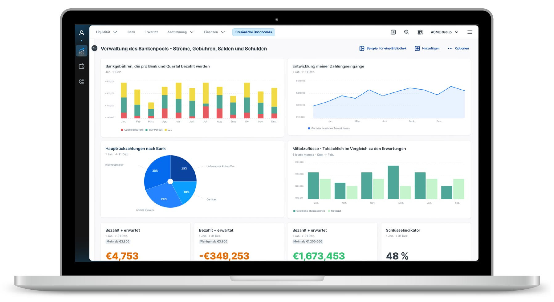 Banking pool Laptop mit Agicap Software auf dem Bildschirm: Der Bereich Banking pool wird gezeigt.