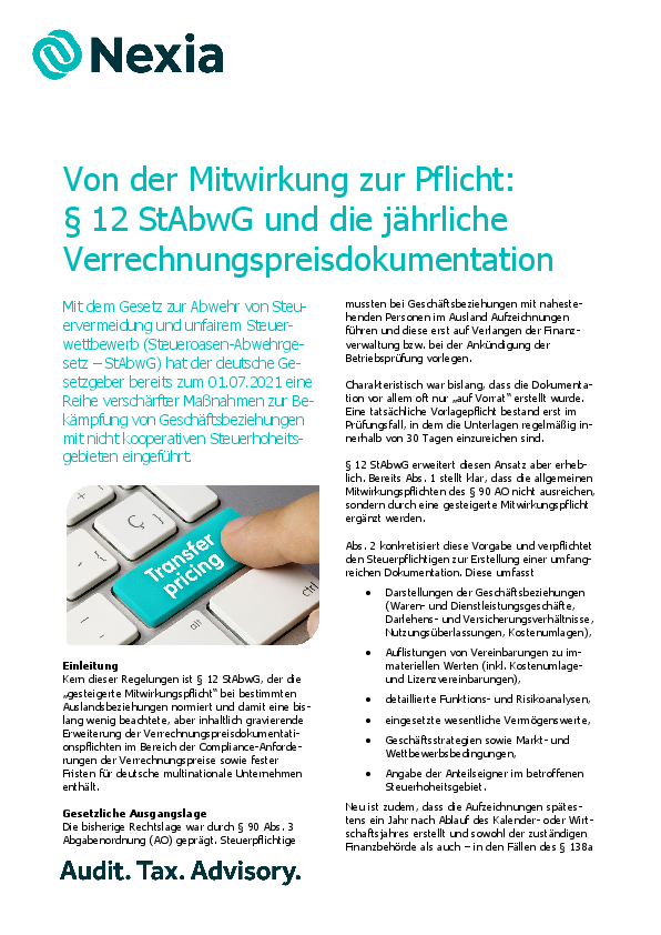 PDF zur Mandanteninfo: Von der Mitwirkung zur Pflicht: § 12 StAbwG und die jährliche Verrechnungspreisdokumentation