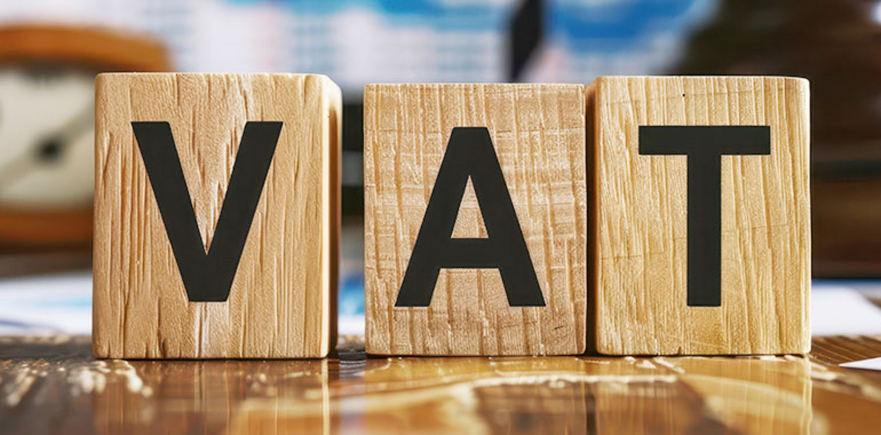 Auf 3 Holzklötzen steht "VAT" für “Valued Added Tax”, die deutsche Mehrwertsteuer. Die Buchstaben stehen jeweils auf einem Holzklotz.