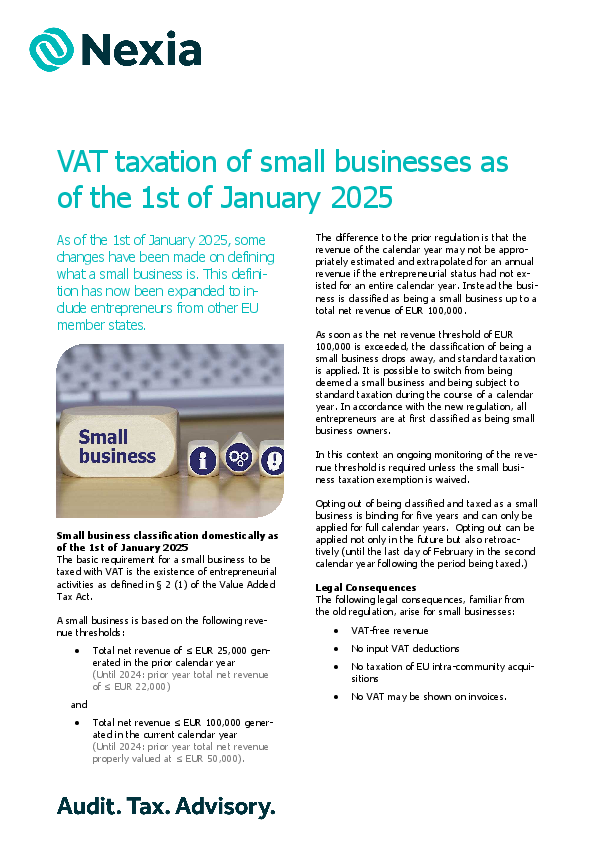 PDF for client information on the topic: VAT taxation of small businesses as of the 1st of January 2025