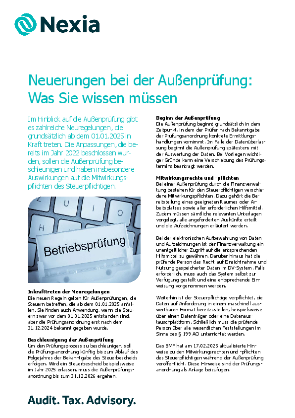 PDF zur Mandanteninfo zum Thema: Neuerungen bei der Außenprüfung: Was Sie wissen müssen