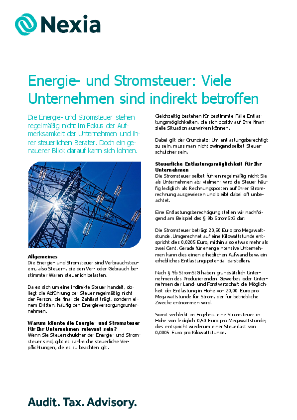 PDF zur Mandanteninfo: Energie‑ und Stromsteuer: Viele Unternehmen sind indirekt betroffen