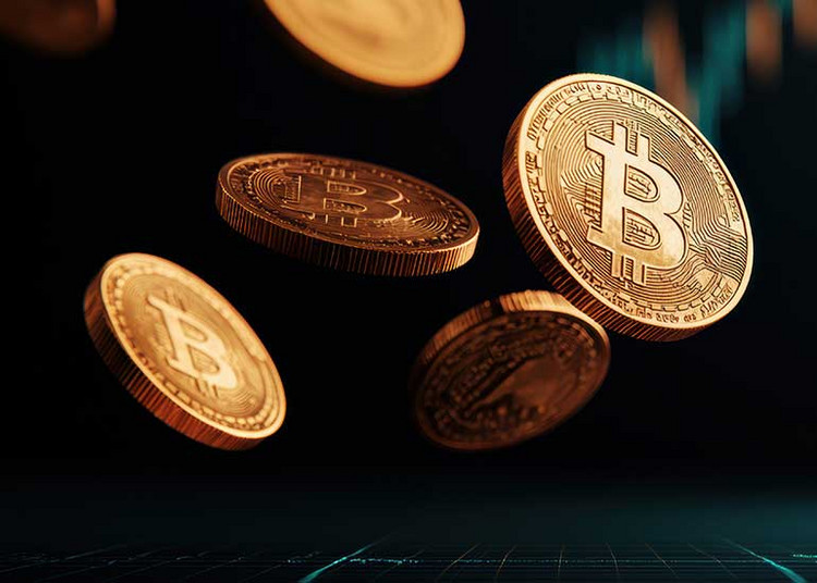 Eine digitale Darstellung von schwebenden Bitcoin-Münzen vor einem Hintergrund aus schwankenden Finanzkurven, die den Handel mit Kryptowährungen und Investitionen symbolisieren.