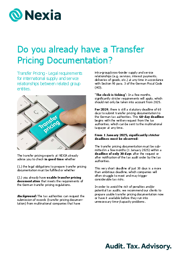 PDF for client information on the topic: Do you already have a Transfer Pricing Documentation?