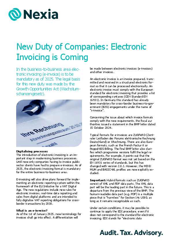 New Duty of Companies: Electronic Invoicing is Coming PDF for client information on the topic: New Duty of Companies: Electronic Invoicing is Coming