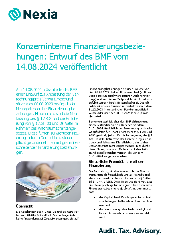 PDF zur Mandanteninfo zum Thema: Konzerninterne Finanzierungsbeziehungen: Entwurf des BMF vom 14.08.2024 veröffentlicht