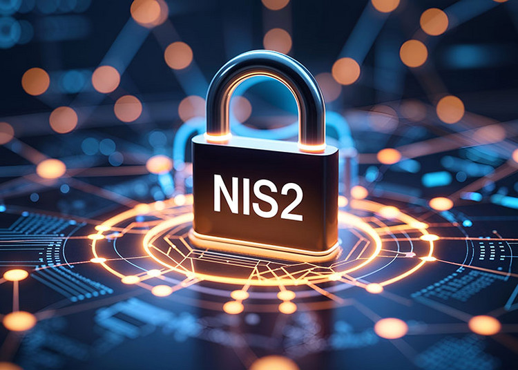 Ein silbernes Vorhängeschloss mit der Aufschrift ‚NIS2‘ steht im Zentrum einer stilisierten digitalen Netzwerkdarstellung. Um das Schloss herum verlaufen leuchtende Linien und Knotenpunkte, die Cybersicherheit und Vernetzung symbolisieren.