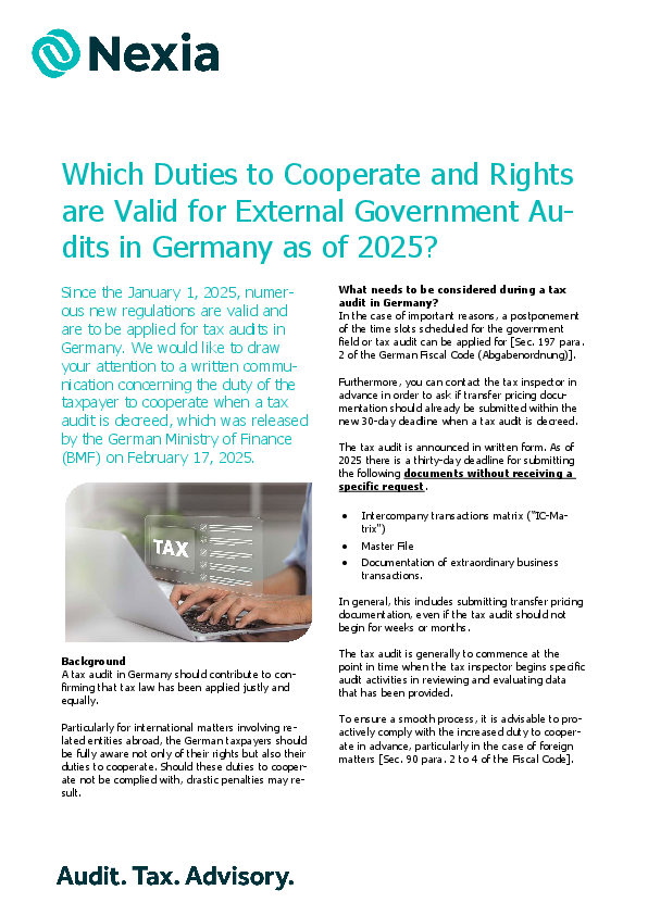 PDF for client information on the topic: Which Duties to Cooperate and Rights are Valid for External Government Audits in Germany as of 2025?