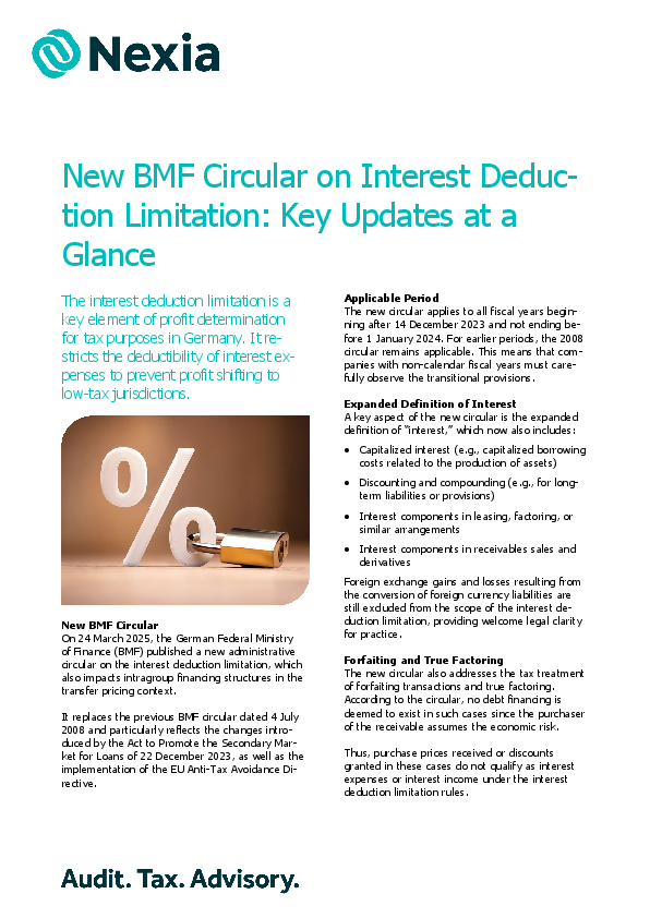 PDF for client information on the topic: New BMF Circular on Interest Deduction Limitation: Key Updates at a Glance
