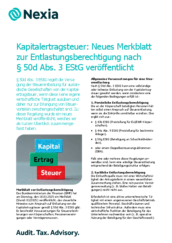 PDF zur Mandanteninfo zum Thema: Kapitalertragsteuer: Neues Merkblatt zur Entlastungsberechtigung nach § 50d Abs. 3 EStG veröffentlicht
