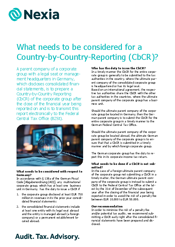 What needs to be considered for a Country-by-Country-Reporting (CbCR)? PDF for client information on the topic: What needs to be considered for a Country-by-Country-Reporting (CbCR)?